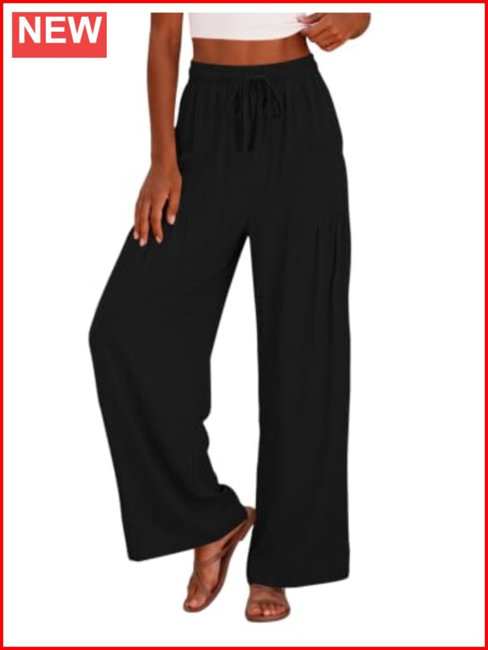 Cotton Linen Palazzo Pants Elastic Waist Wide Leg Trousers Pockets
